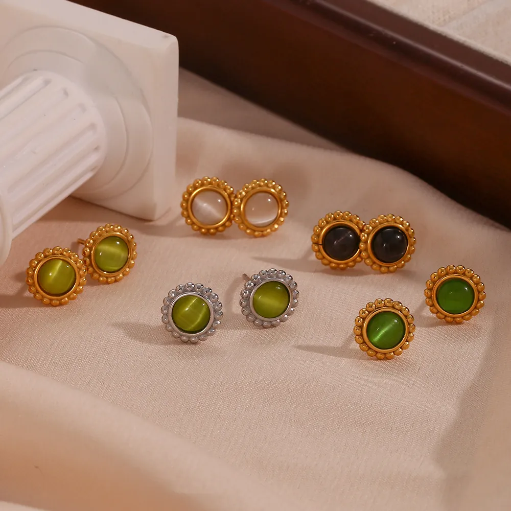 Vintage Stainless Steel Cat Eye Stone Stud Earrings Sun Beaded Round Geometric French Luxury Earring For Women Jewelry Gift