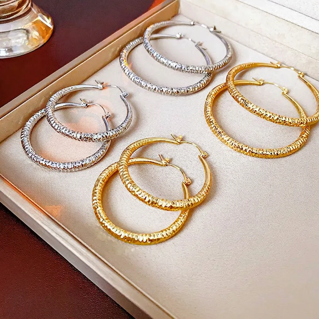 Boucles Oreilles Créoles Texture Plissée Géométrie Circulaire Métal Bijoux Mode Élégants Femmes Tige Acier