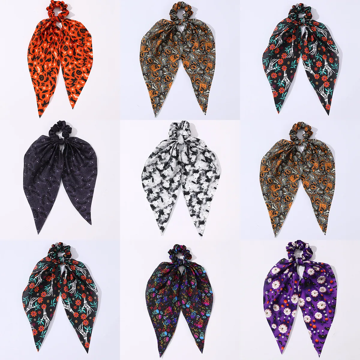 Chouchou D'Halloween Avec Long Ruban Tissu Satin Imprimé Citrouille Chauve-Souris Fantôme Mode Gothique Fête Accessoire