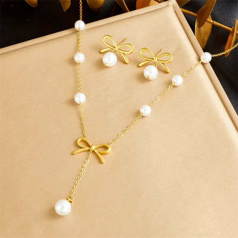 Parure Bijoux Collier Et Boucles D Oreilles Noeud Künstliche Perle D Imitation Acier Inoxydable Plaqué Or Accessoires Pour Femmes