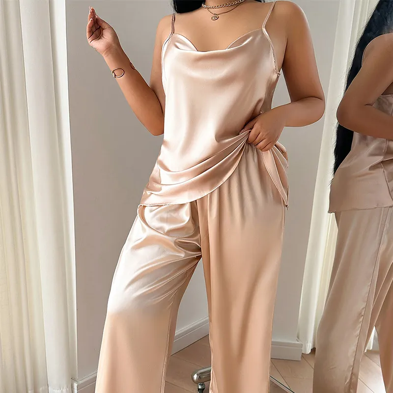 Women Plus Size Satin Cowl Neck Cami And Long Pants Pajama Set Champagne Luxurious Silk-Feel Loungewear Two Piece Sleepwear Set