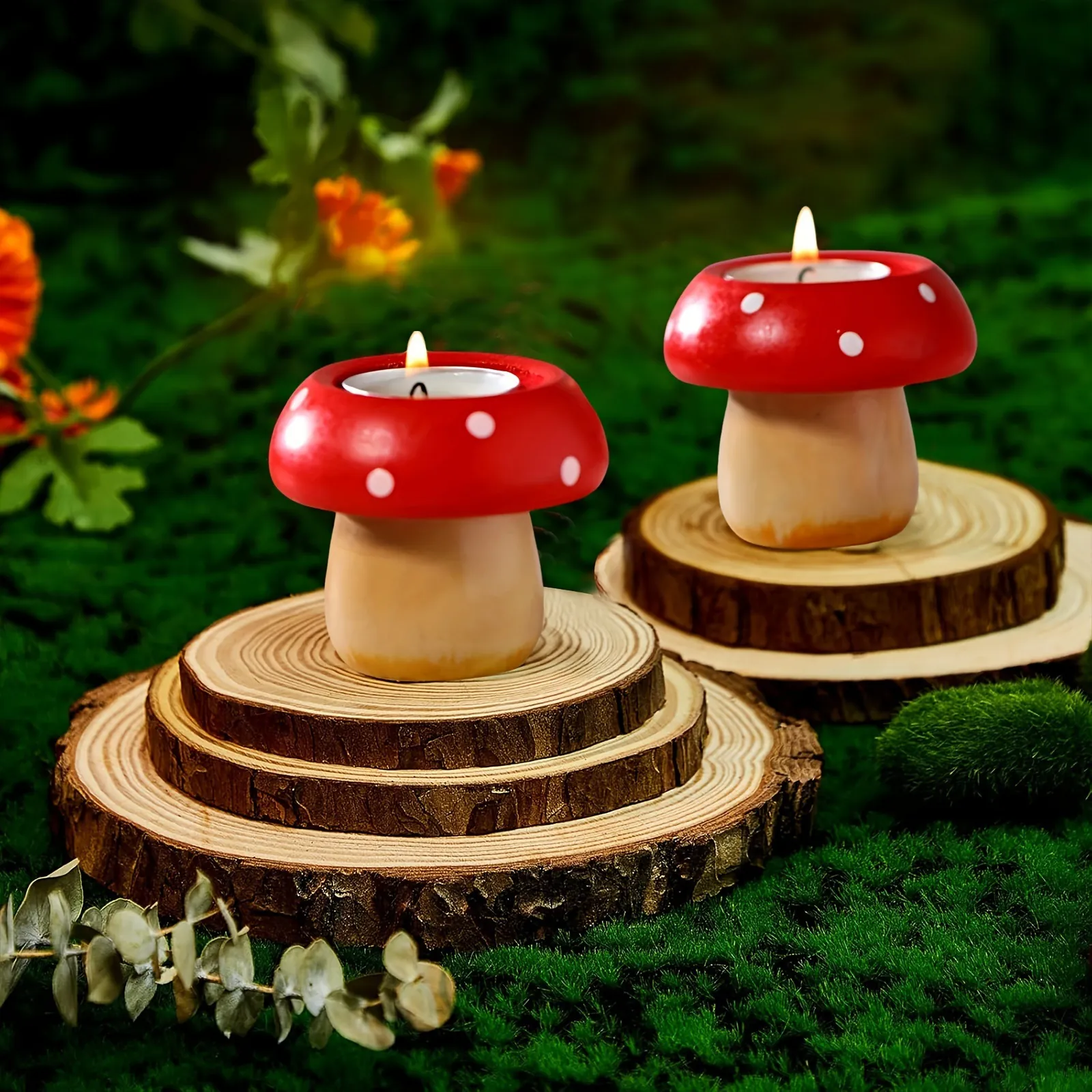 Mushroom Candle Holder Wood Red White Dot Tea Light Stand Desktop Ornament Festive Holiday Decor Cute Home Display