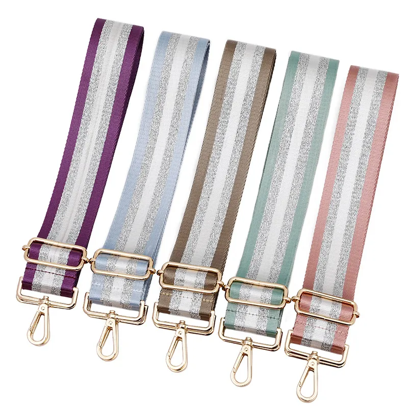 Adjustable Wide Shoulder Bag Strap Polyester Striped Webbing Sparkling Silver Glitter Replacement For Crossbody Handbags