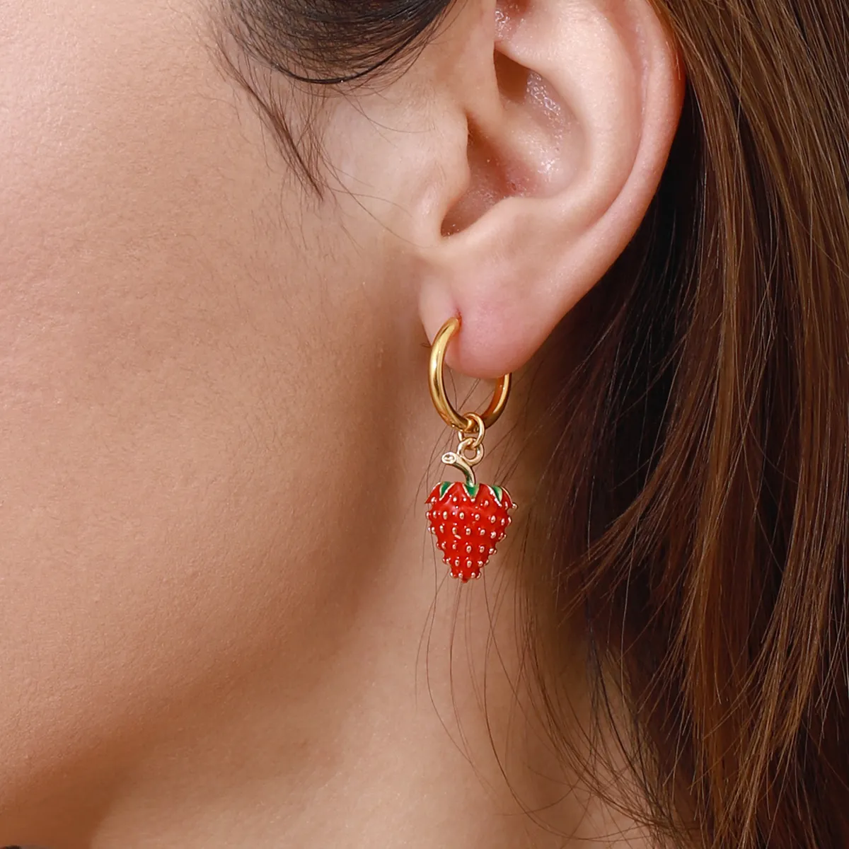 Cute Strawberry Hoop Earrings Stainless Steel Gold Plated Fruit Dangle Ear Jewelry For Women Girls Sweet INS Style
