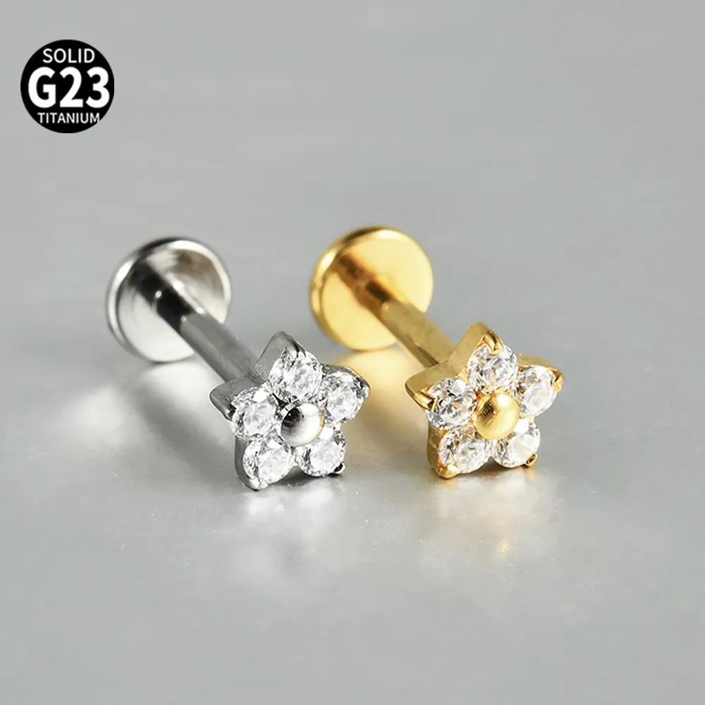 G23 Titanium Flower Internally Threaded Labret Stud With White Zirconia Elegant Cartilage Earring For Women