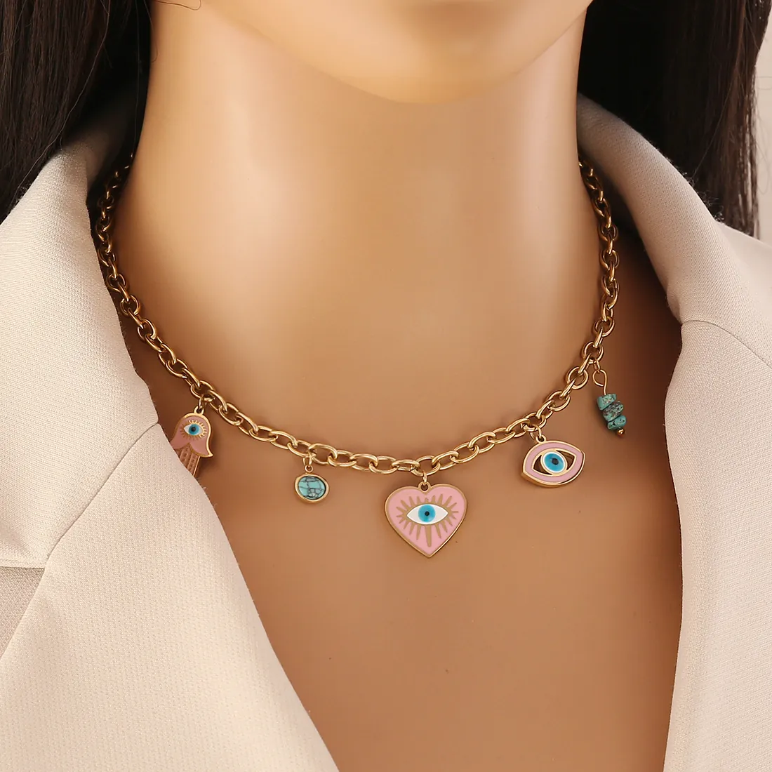 Collier Pendentif Cœur Main De Hamsa Mauvais Œil En Acier Inoxydable Pour Femmes Émail Rose Doré Bijoux