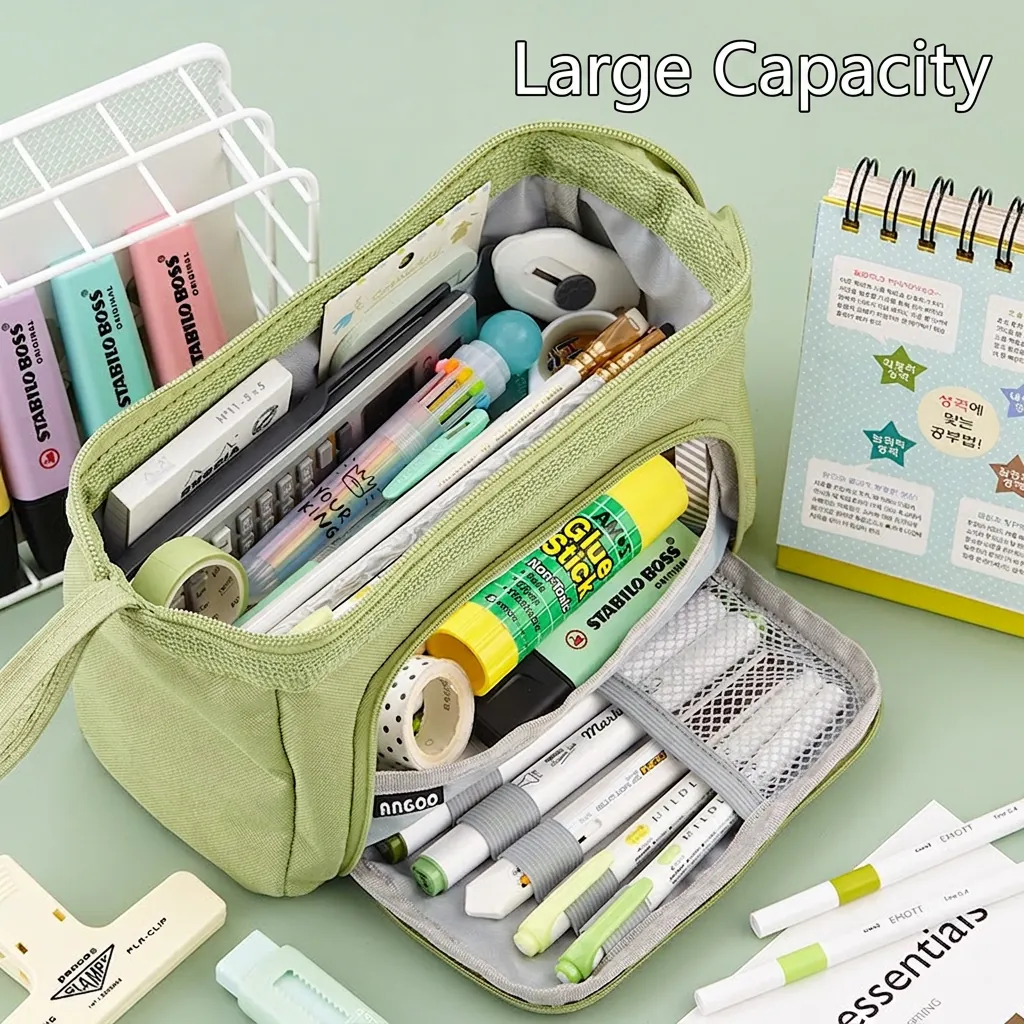 Canvas Pencil Case Large Capacity Multi-layer Handheld Stationery Pouch Aesthetic School Office Organizer