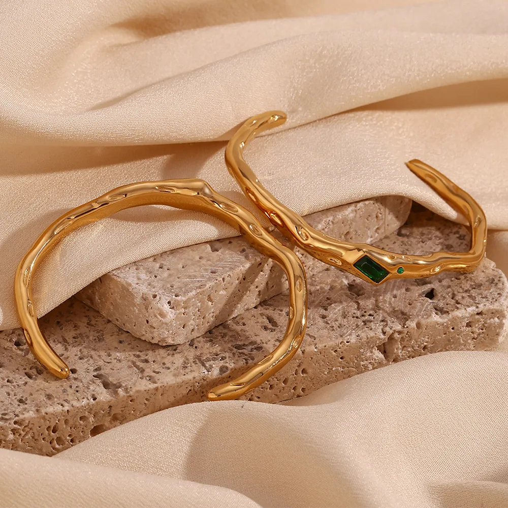 Irregular Molten Texture Cuff Bracelet 316L Stainless Steel 18K Gold Plated With Rectangle Zircon Vintage Fashion Jewelry For Women