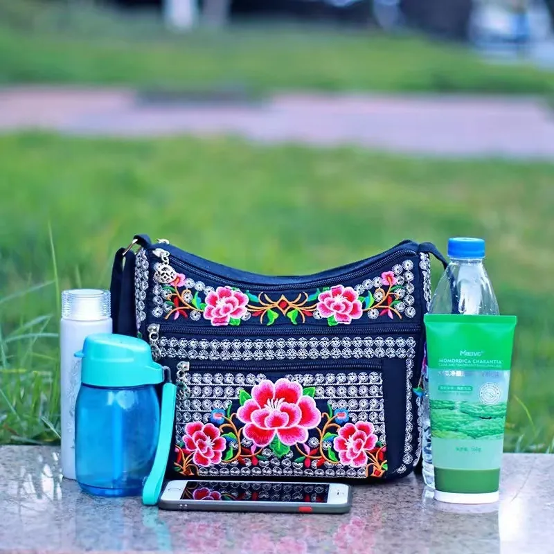 Women Ethnic Floral Embroidery Canvas Crossbody Bag Multi Pocket Zipper Shoulder Travel Casual Messenger Handbag