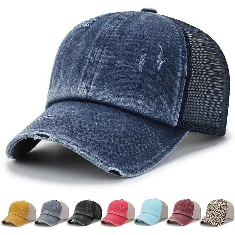 Vintage Distressed Baseball Cap Gewaschene Baumwolle Mesh Trucker Hat Pferdeschwanz Loch Verstellbar Retro Sonnenhut Damen Herren