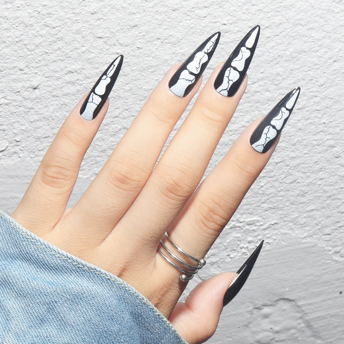 Halloween Skeleton Press On Nails Long Stiletto Black White Plastic Bone Gothic Ghost Finger Art For Women Party