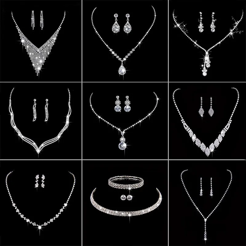 Bridal Rhinestone Zircon Tassel Necklace Earrings Silver Plated Copper Alloy Wedding Party Elegant Women Accessories