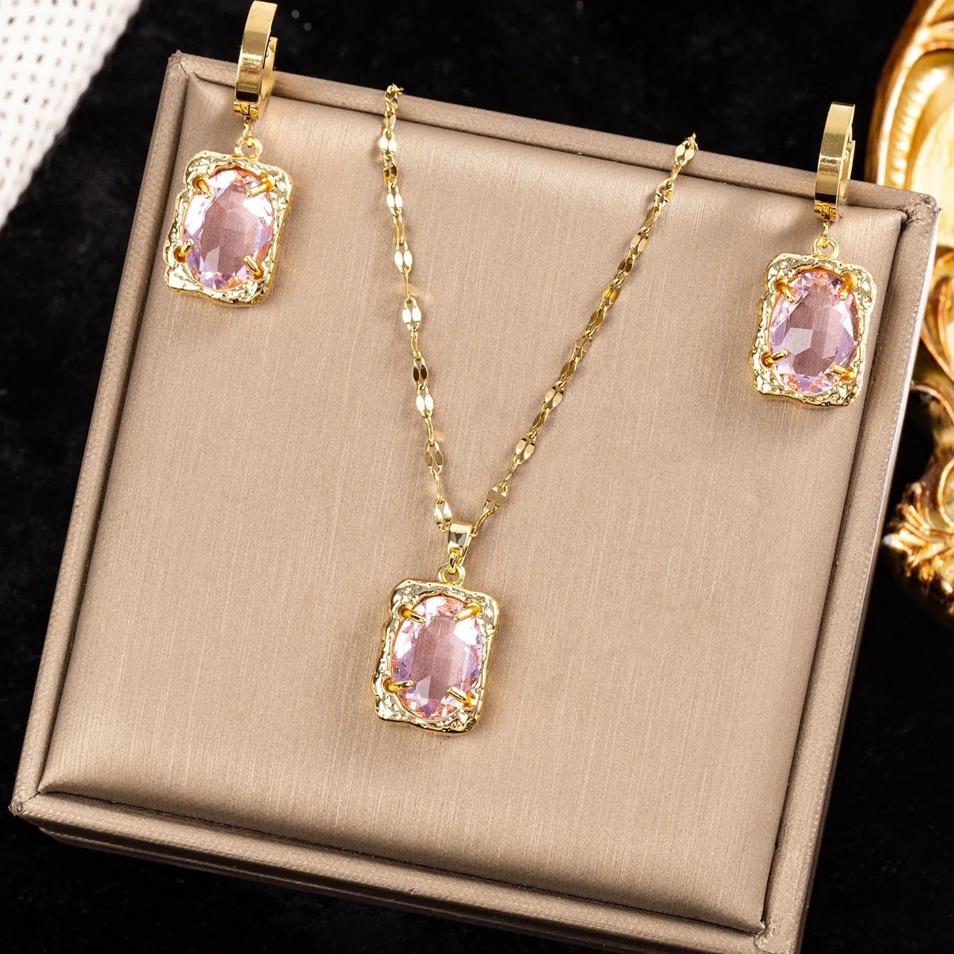 Pink Rhinestone Pendant Necklace And Stud Earrings Stainless Steel Gold Plated Geometric Square Jewelry For Women Party Gift
