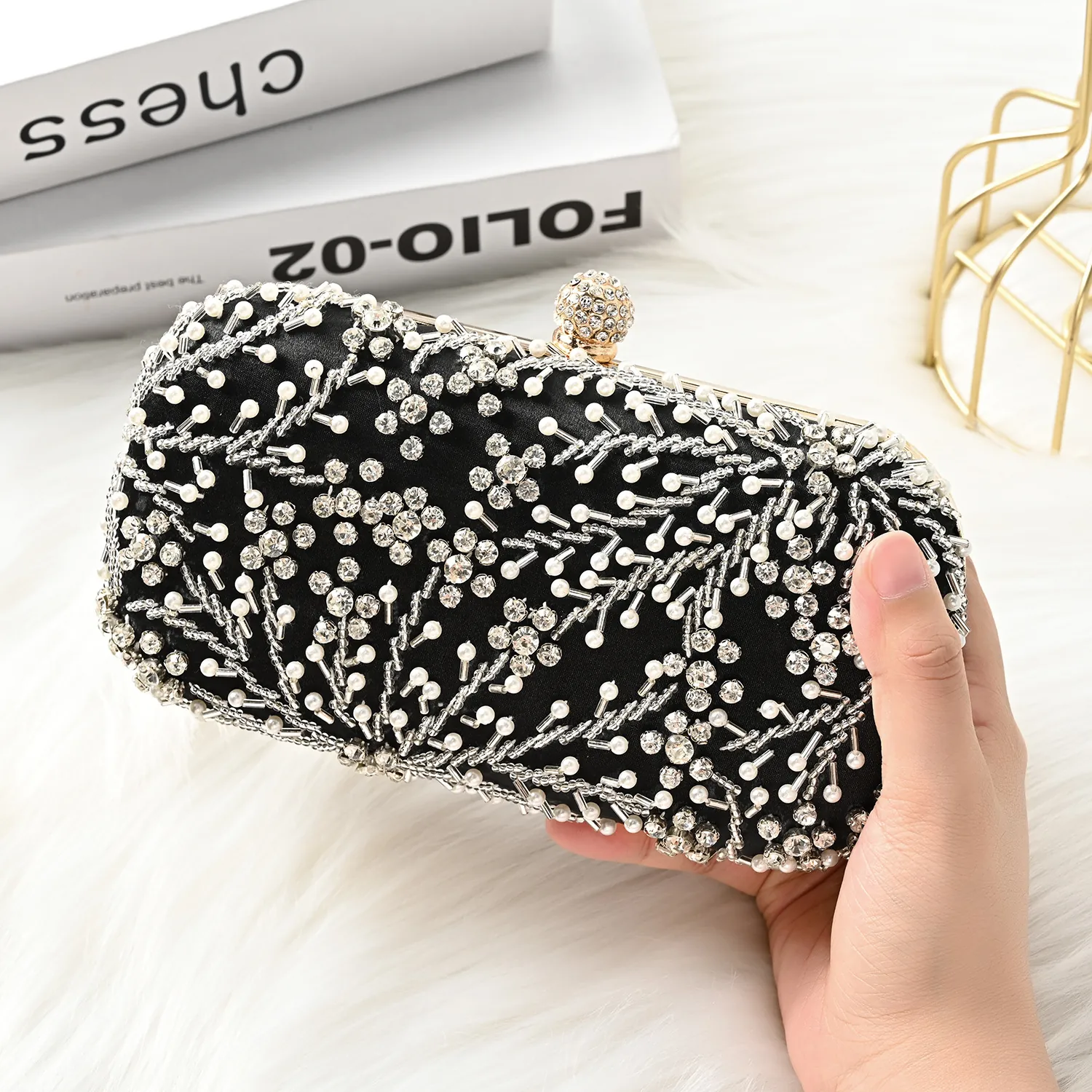 Handmade Beaded Evening Bag For Women Rhinestone Artificial Pearl Clutch Wedding Banquet Party Handbag With Detachable Chain Strap