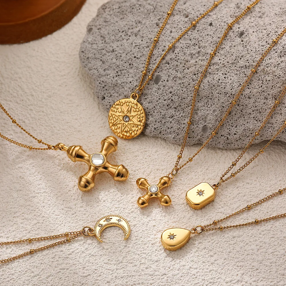 Collier Pendentif Acier Inoxydable Plaqué Or 18K Zircon Étoile Lune Croix Géométrique Chaîne À Billes Pour Femmes