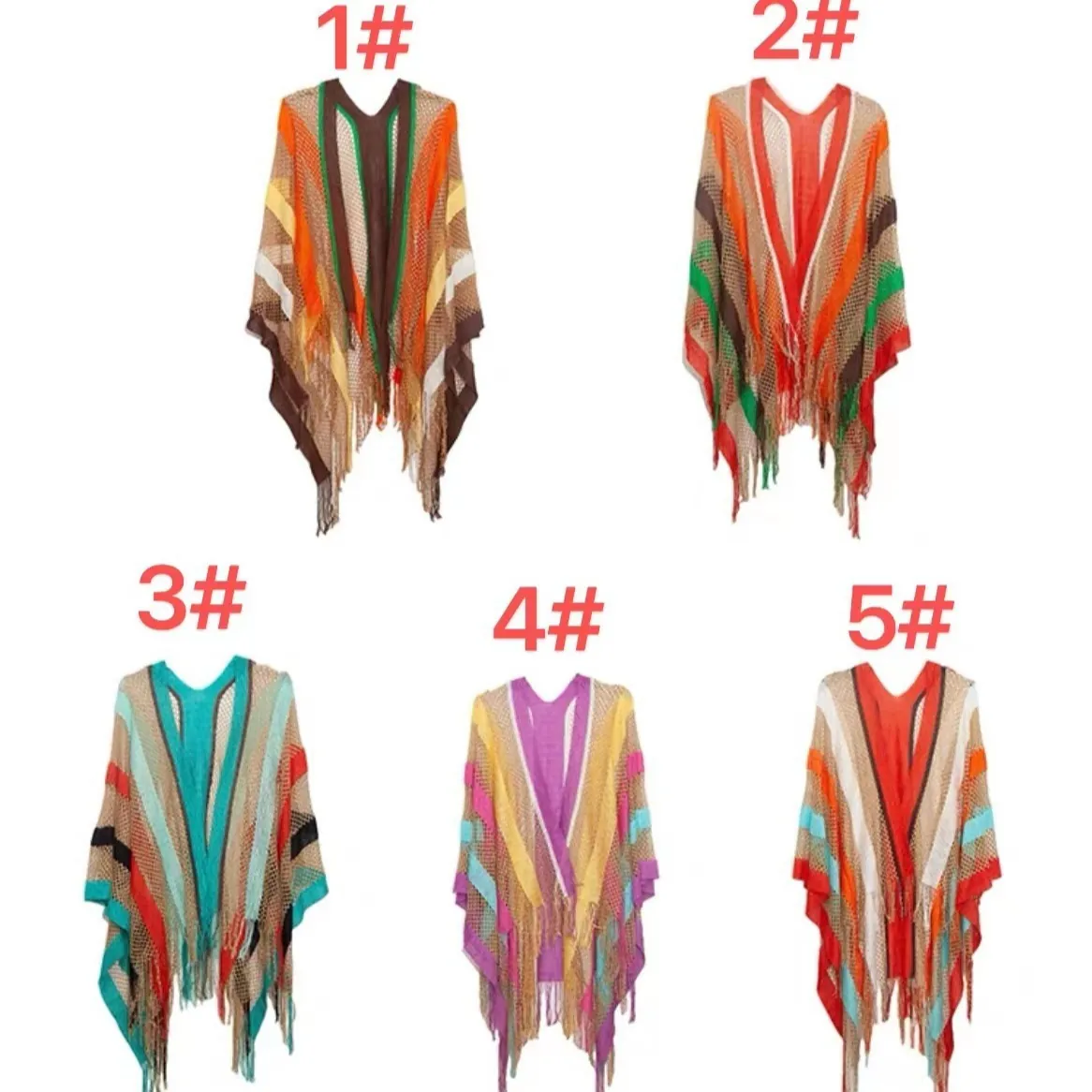 Women Bohemian Rainbow Striped Knitted Shawl Ethnic Style V-Neck Hollow Out Poncho Cape With Tassels Lightweight Sun Protection Wrap