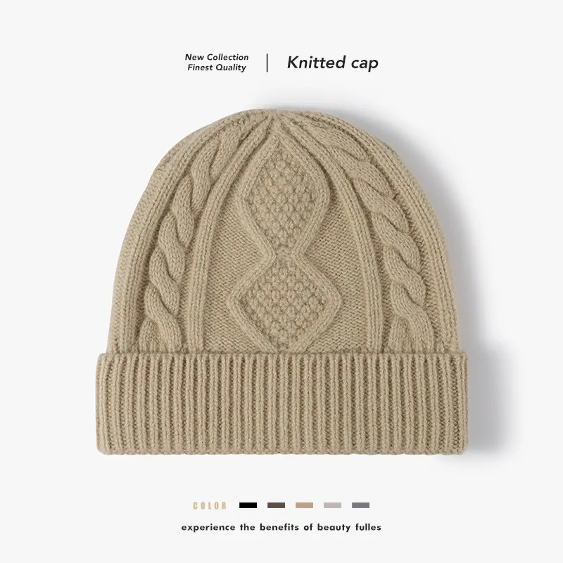 Men Wool Knit Beanie Thickened Warm Ear Protection Cable Knit Hat Winter Outdoor Fashion Versatile Jacquard Cold Cap