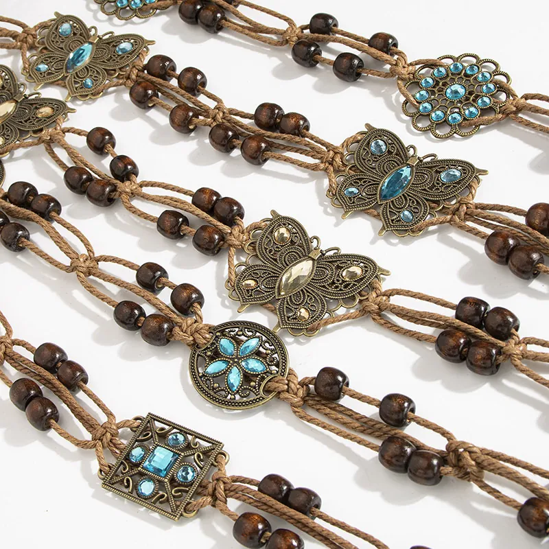 Bohemian Woven Waist Rope Belt With Wood Beads Butterfly Alloy Rhinestone Ethnic Retro Style For Women