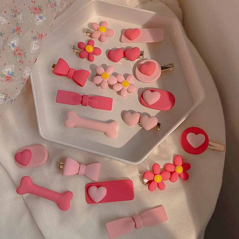 Pink Resin Hair Clips Heart Flower Bow Shapes Side Fringe Duckbill Clips Sweet Korean Style For Women Girls