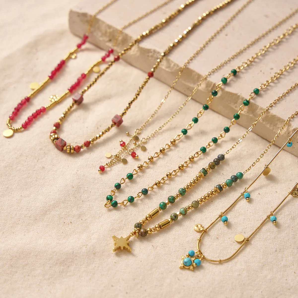 Beaded Necklace 18K Gold Plated Stainless Steel With Turquoise Malachite Star Pendant Bohemian Vintage Jewelry For Women