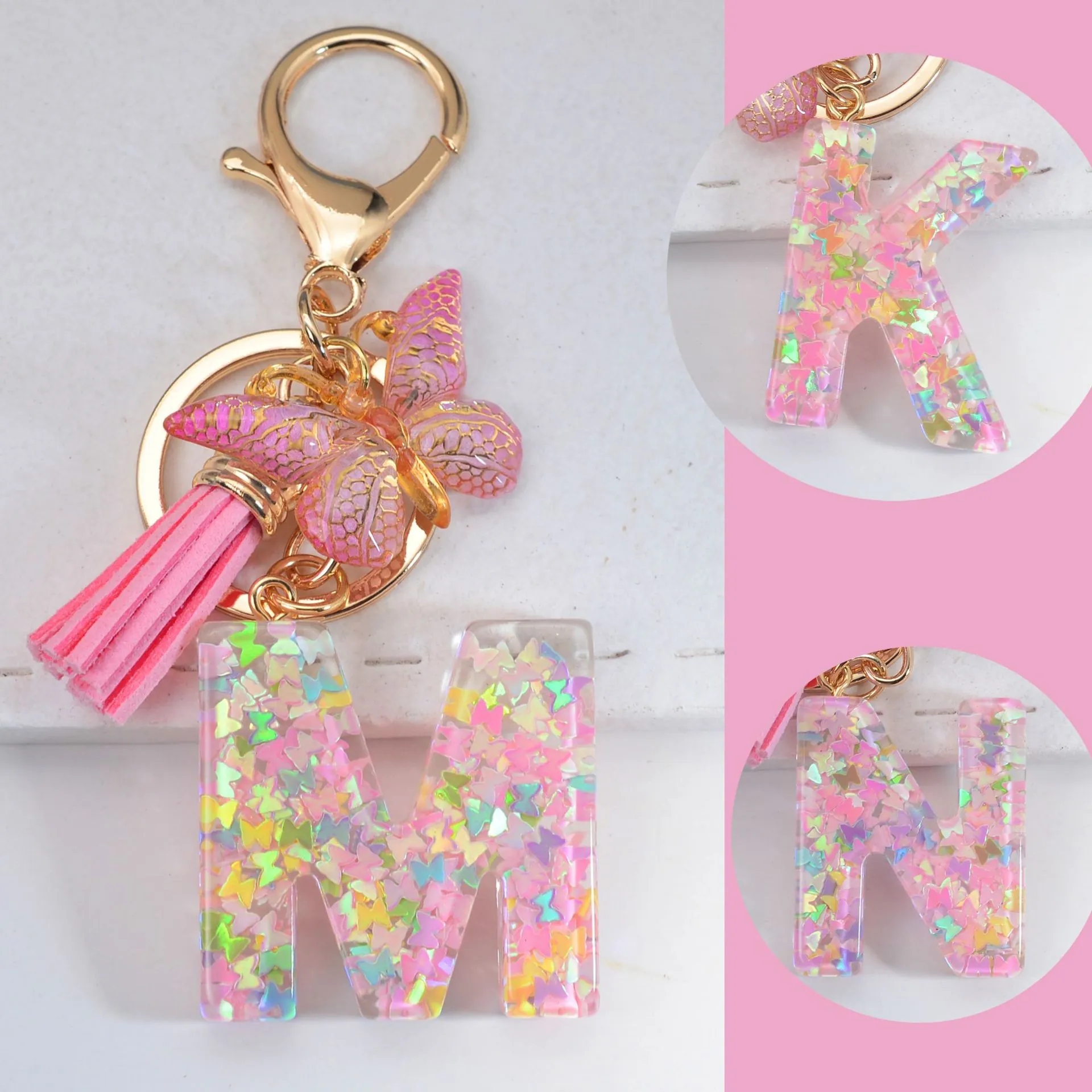 Alphabet Letter Keychain Resin Sequin Butterfly Pendant Pink Tassel Gold Metal Key Ring Fashion Bag Charm Women