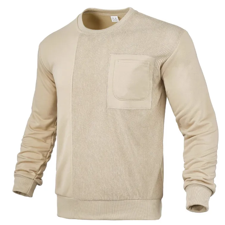 Men Sweatshirt Round Neck Pullover Long Sleeve Patchwork Ribbed Texture Solid Color Chest Pocket Polyester Spandex