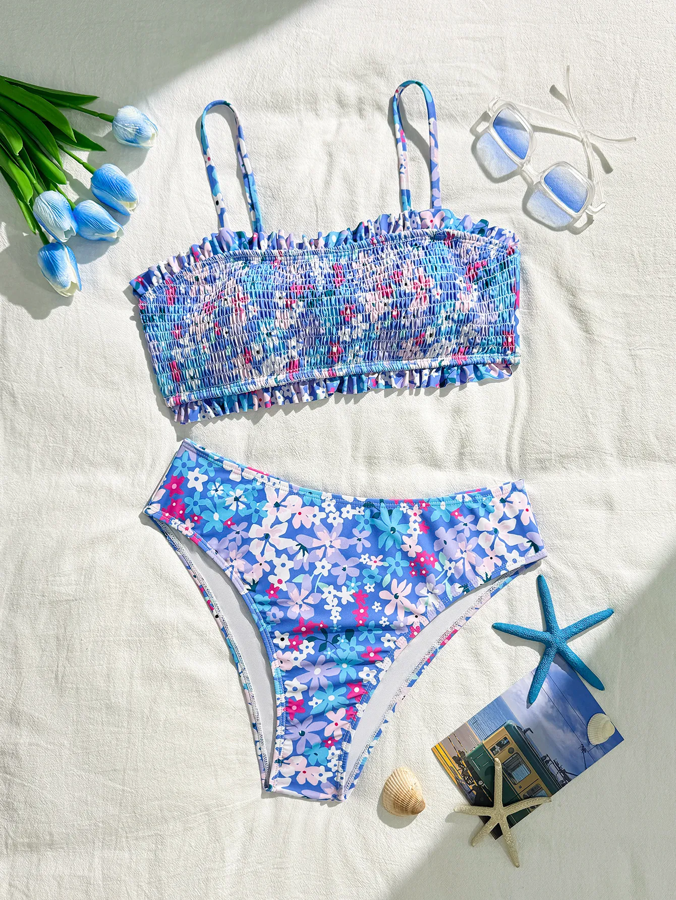 Maillot De Bain Femmes Imprimé Fleuri Smocké Volants Taille Haute Sexy Dos Nu Plage Vacances Été