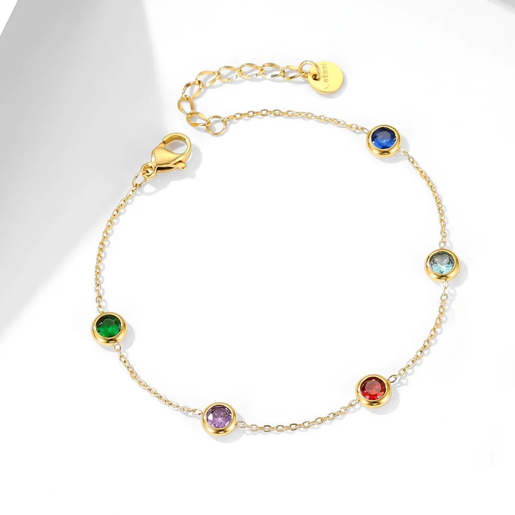 Minimalist Stainless Steel Gold Plated Bracelet Colorful Round Zirconia Adjustable Thin Chain For Women Vintage Style
