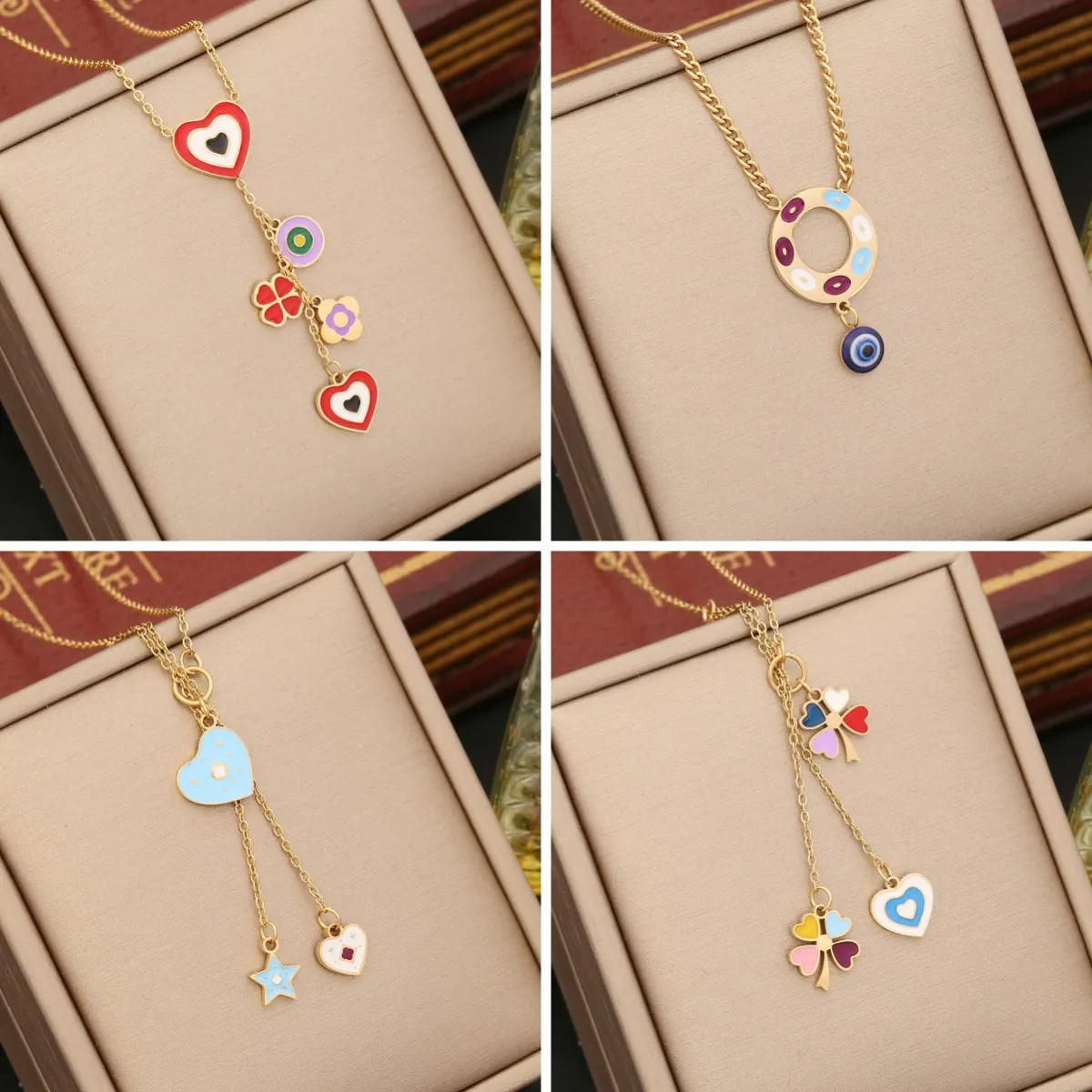Bunte Emaille Herz Kleeblatt Stern Böser Blick Edelstahl Halskette Für Damen Eleganter Modeschmuck