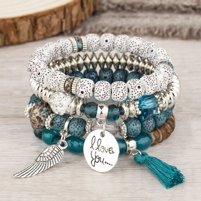 Bohemian Multi Layer Beaded Bracelet Tassel Alloy Wing Heart Charm I Love You Engraved Plate Retro Jewelry