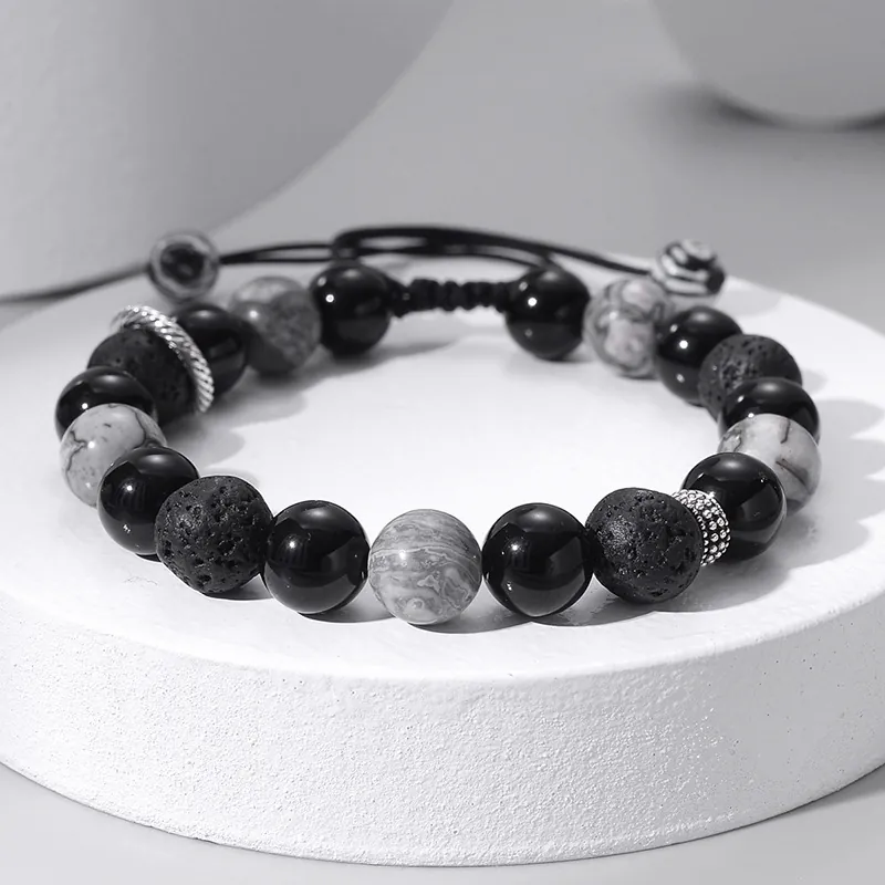 Adjustable Braided Rope Bracelet For Men Alloy Natural Lava Stone Map Stone Snowflake Stone Beaded Bracelet Vintage Literary Unisex Hand Jewelry
