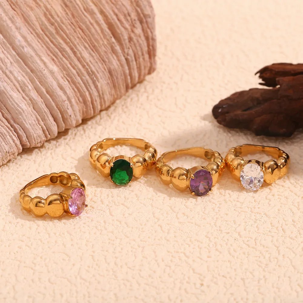 Vintage Chunky Beaded Ring For Women 18K Gold Plated Stainless Steel Oval Zircon Retro Bubble Band Jewelry