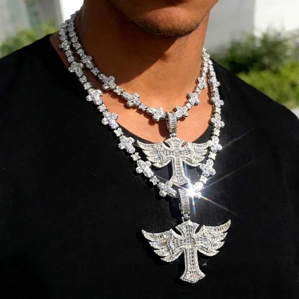Hip Hop Cross Pendant Necklace With Wings Copper Iced Out Zircon Streetwear Jewelry For Men