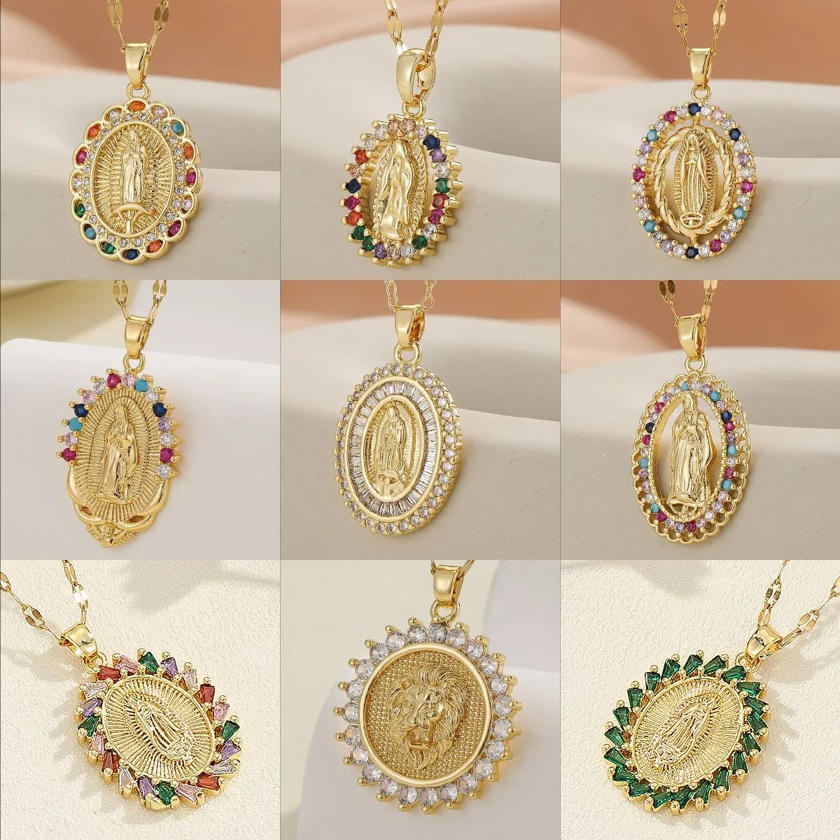 Virgin Mary Pendant Necklace For Women Copper Gold Plated Colorful Zirconia Religious Jewelry Our Lady Of Guadalupe Necklace Gift