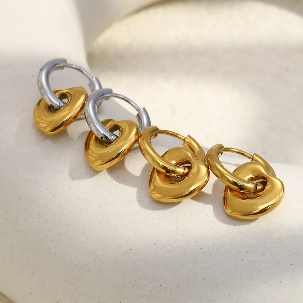 Boucles Oreilles Créoles Pendentif Coeur Creux Acier Inoxydable Plaqué Or Bijoux Mode Femme Élégant