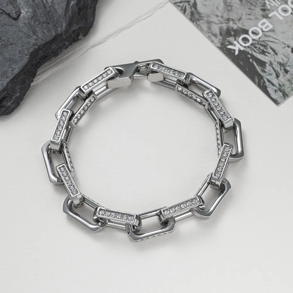 Iced Out Rhinestone Link Bracelet Necklace Titanium Steel Bamboo Chain Hip Hop Fashion Jewelry Unisex