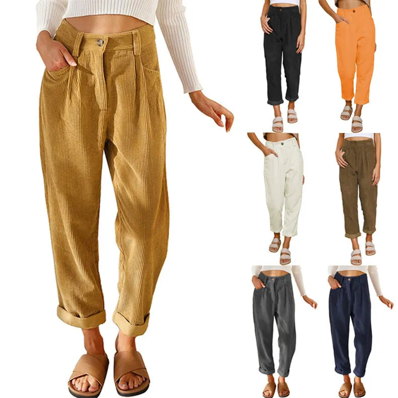 Damen Cordhose Mit Hoher Taille Einfarbig Lockeres Gerades Bein Freizeithose Patchwork Baumwollmischung Warme Herbsthose