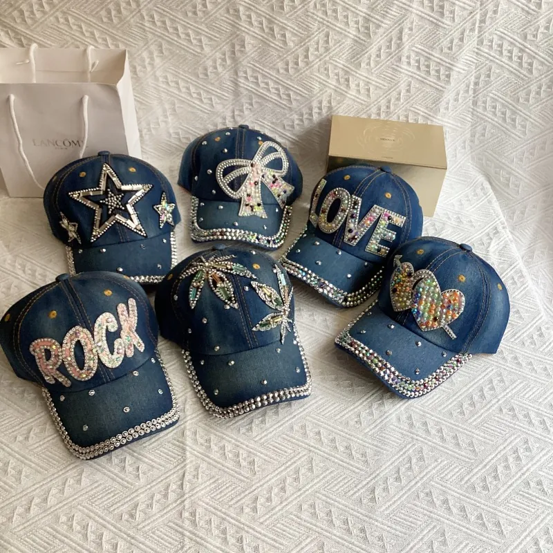 Vintage Denim Baseball Cap With Rhinestone Artificial Pearl Decoration Sparkling Adjustable Fashion Streetwear Sun Hat