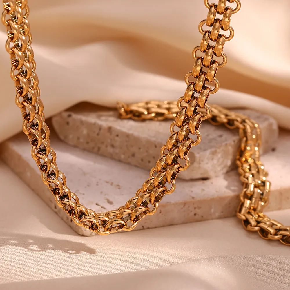 Women 18K Gold Plated Stainless Steel Woven Chain Necklace Bracelet Set Fashion Minimalist Geometric Commuter Jewelry