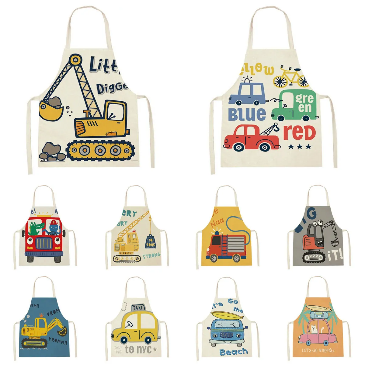 Cartoon Excavator Car Print Sleeveless Apron Polyester Halterneck Kitchen Cooking Dirt Proof For Parents And Kids