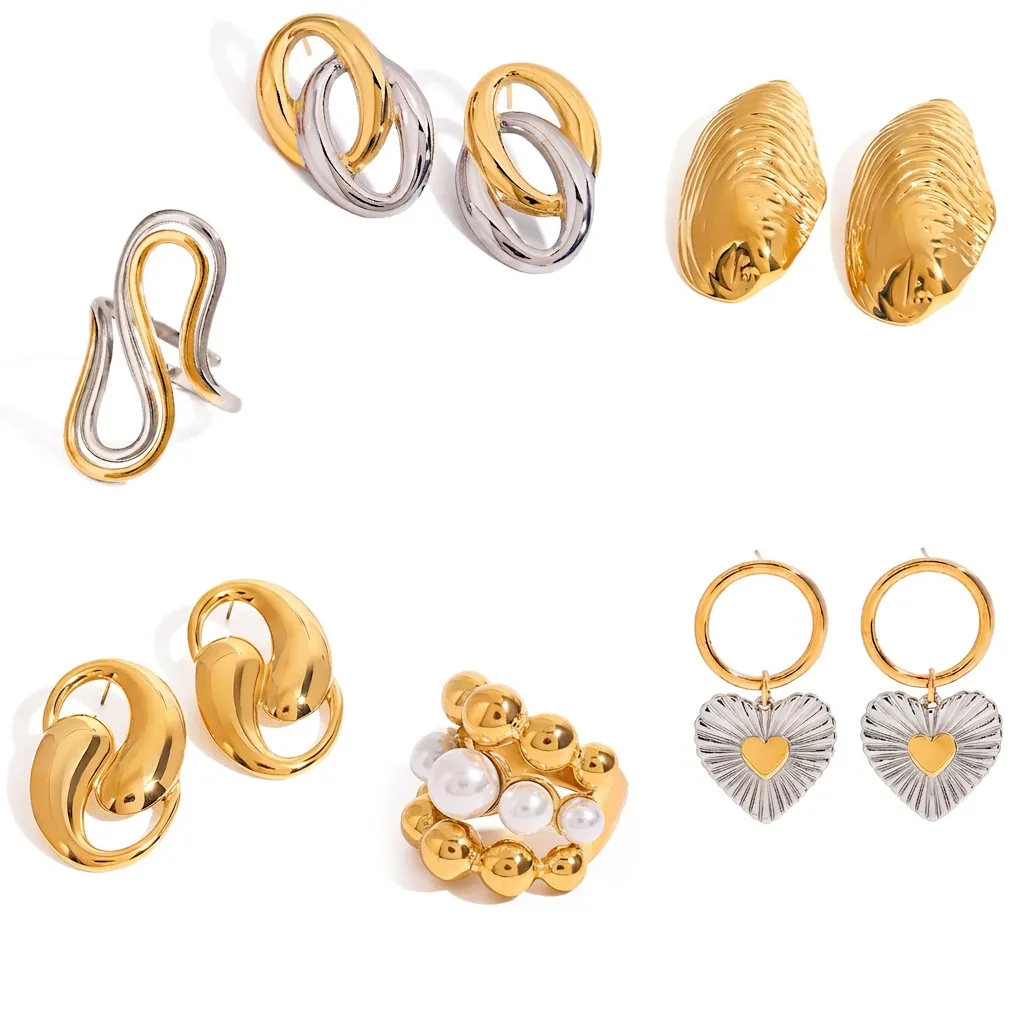 Parure De Bijoux En Acier Inoxydable Pour Femme Plaqué Or Boucles D'oreilles Torsadées Bague Künstliche Perle Coeur