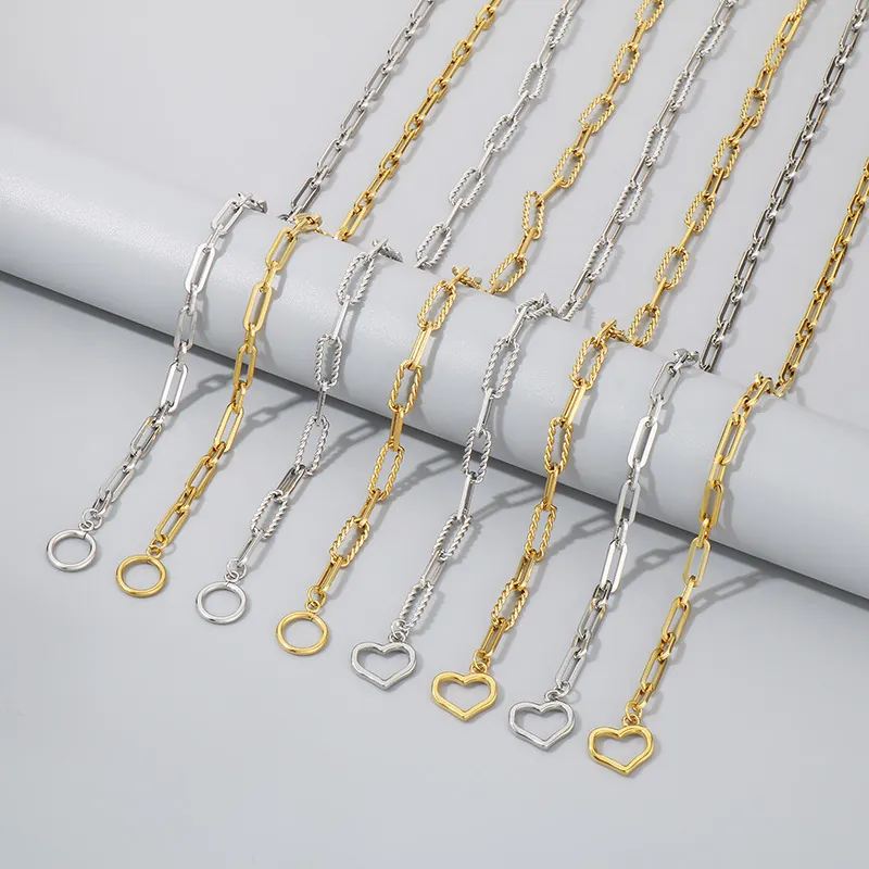 Set di Collana e Bracciale Con Ciondolo a Cuore e Chiusura a T in Acciaio Inossidabile Gioielli di Moda Unisex Catena a Graffetta