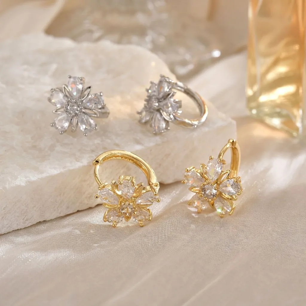 Tulip Flower Hoop Earrings For Women Shiny Zircon Inlaid Brass Floral Jewelry Elegant Fashion Ear Accessories