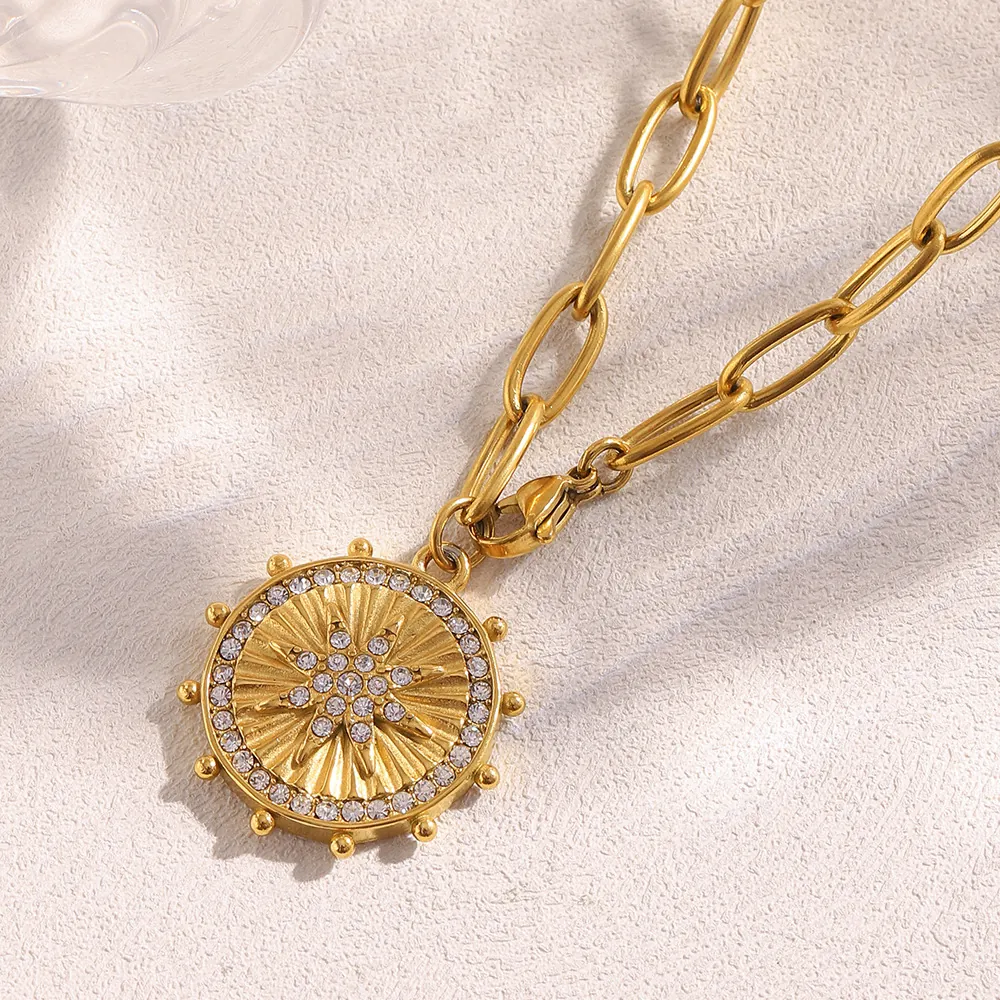 Eight-Pointed Star Coin Pendant Necklace Stainless Steel 18K Gold Plated Rhinestone Vintage Jewelry For Women Daily