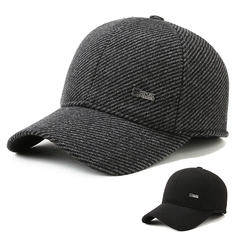 Men Winter Baseball Cap Thick Twill Woolen Hat With Ear Flaps Warm Fleece Lined Outdoor Windproof Adjustable Dad Cap