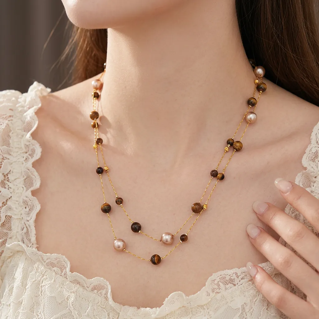 Vintage Mehrlagige Halskette Mit Tigerauge Stein Und Künstliche Perle Kupferkette Für Damen Retro Maillard Stil Lange Pulloverkette Luxus Accessoire