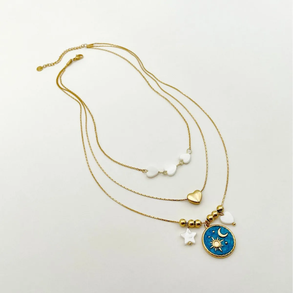 Vintage Layered Stainless Steel Necklace With Sun Moon Star Enamel Heart Pendants Gold Plated Clavicle Chain Accessories For Women