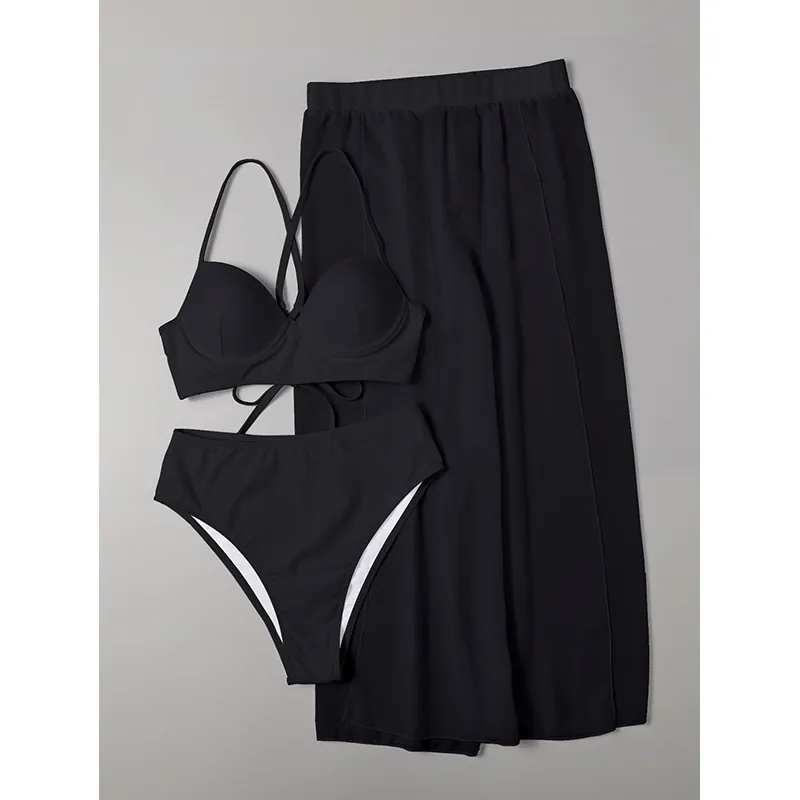 Haut De Bikini Bas Taille Haute Et Jupe De Plage Cover Up Maillot De Bain Femme Polyester Spandex Couleur Unie Sexy