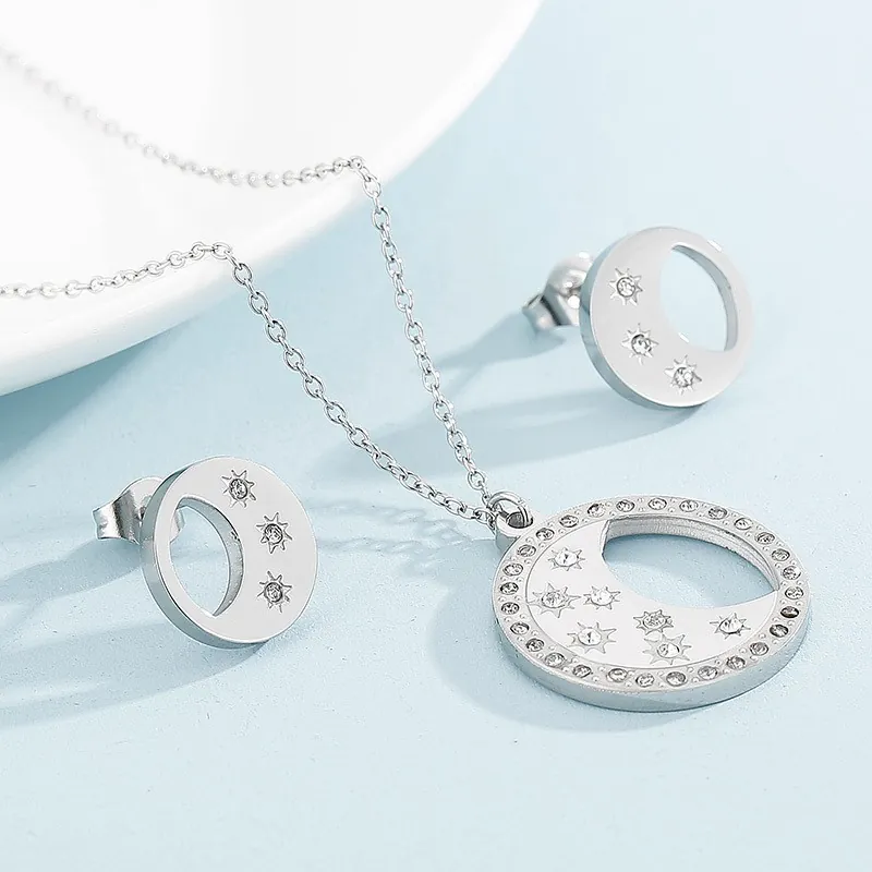 Collana E Orecchini In Acciaio Inossidabile Strass Luna Stella Ciondolo Tondo Cavo Gioielli Di Moda Per Donne Eleganti