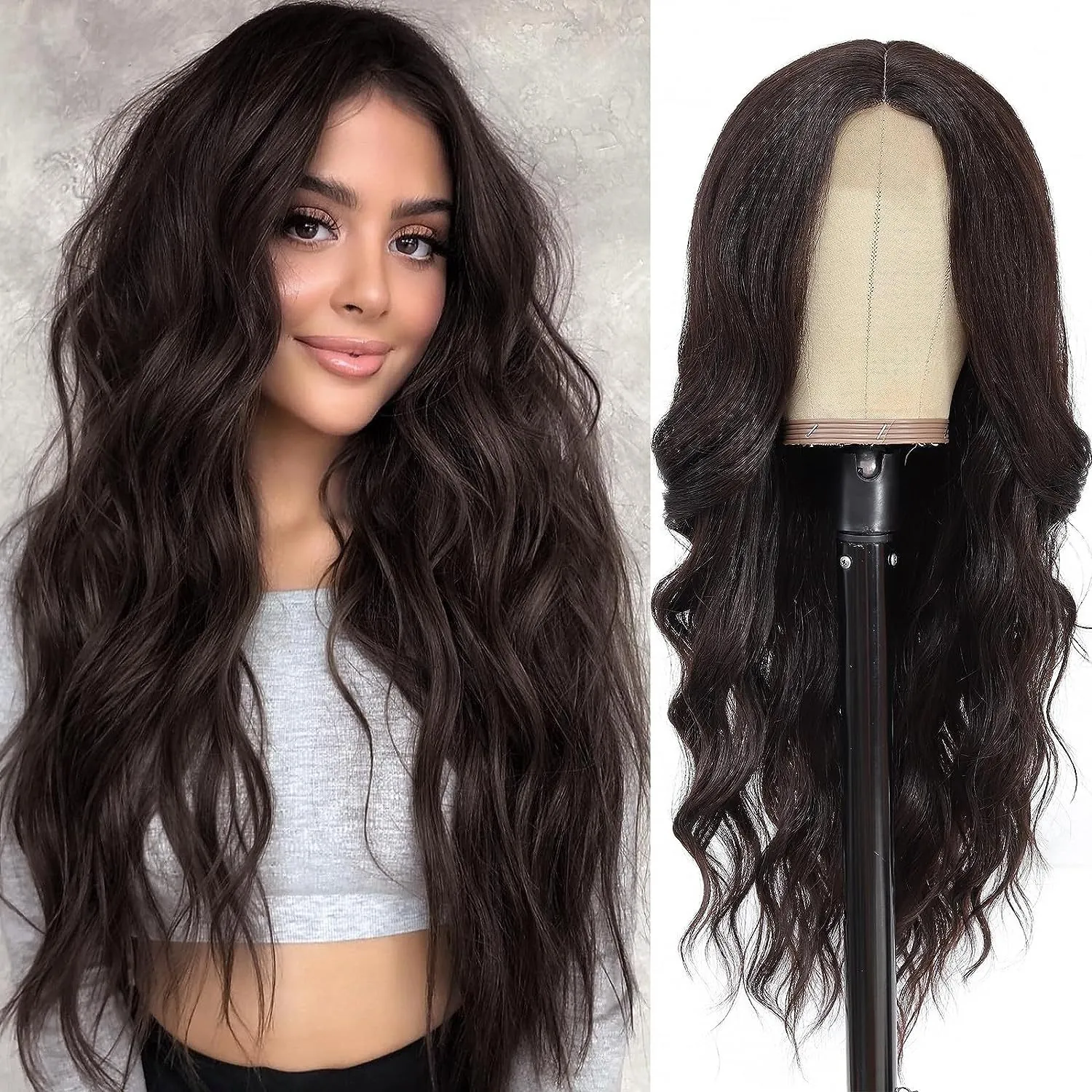 Long Wavy Lace Front Wig Synthetic Hair Middle Part Large Wave Heat Resistant Natural Looking For Women